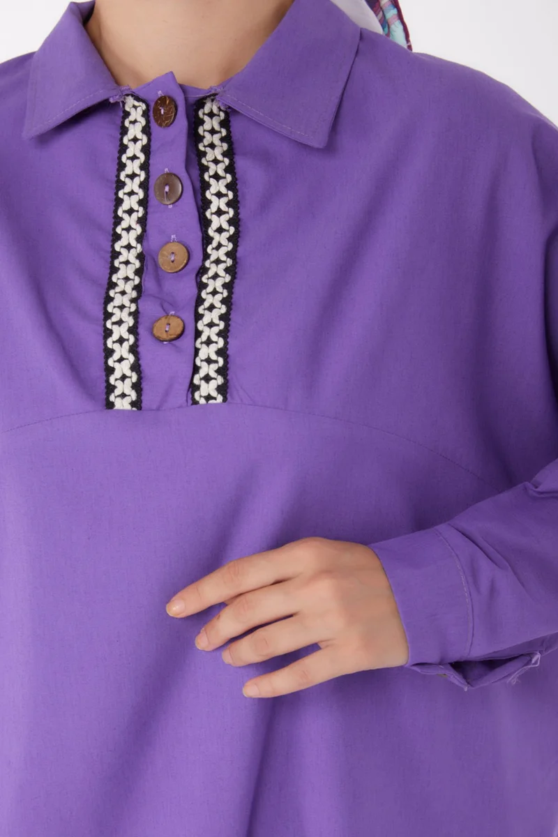 Tofisa Plain Shirt Collar Women's Purple Tunic - 13257