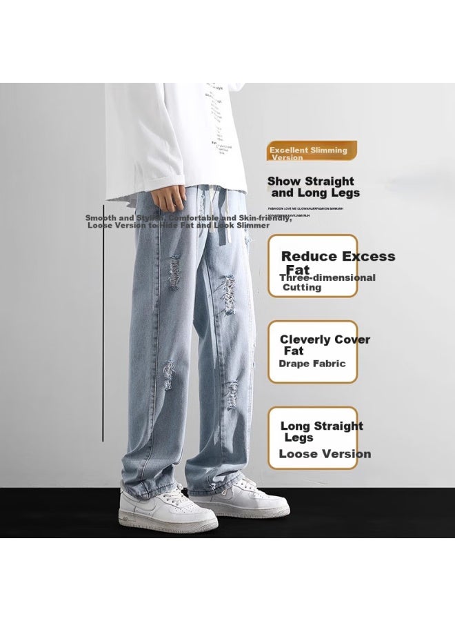 Wassup Sohot Men's Jeans, Autumn Vintage Ripped Straight-leg Pants, Versatile High Street Casual Trousers, Retro Blue, 2XL - Image 2