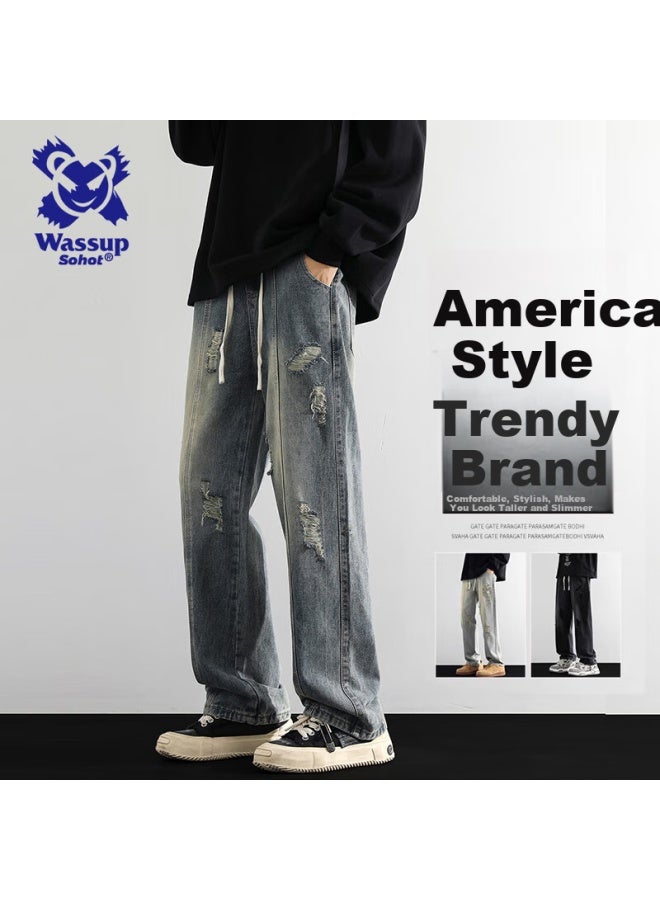 Wassup Sohot Men's Jeans, Autumn Vintage Ripped Straight-leg Pants, Versatile High Street Casual Trousers, Retro Blue, 2XL - Image 1