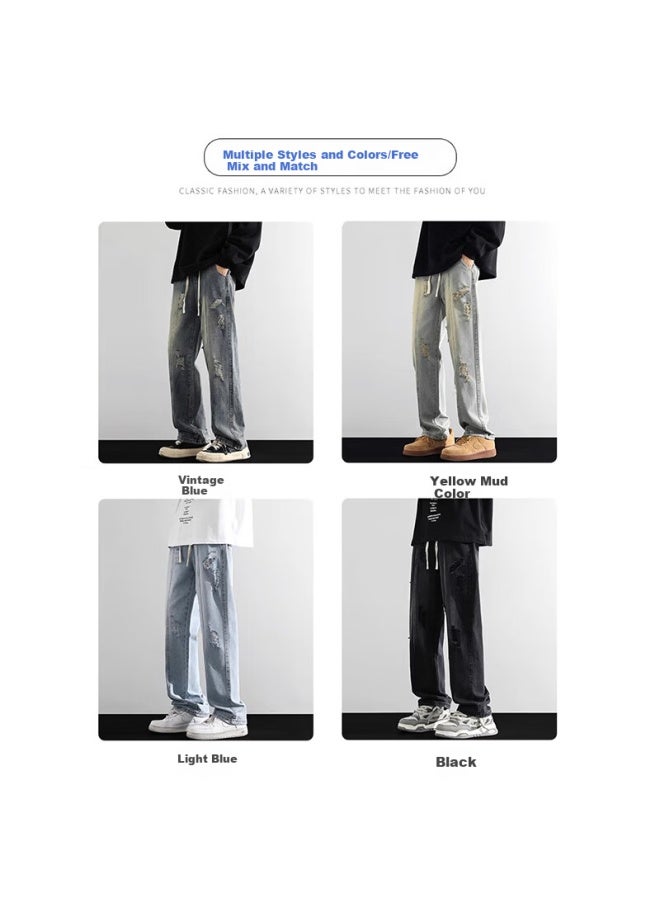 Wassup Sohot Men's Jeans, Autumn Vintage Ripped Straight-leg Pants, Versatile High Street Casual Trousers, Retro Blue, 2XL - Image 3
