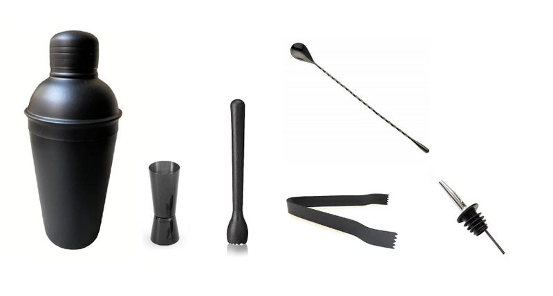 Dynore Stainless Steel 6 Pcs Black Bartender Martini Kit Bar Set- Teardrop Bar Spoon, Cocktail Shaker 750 ml, Tall peg Measure 30/60 ml, Black PVC Muddler, Ice Tong, Wine Pourer- Set of 6 - Image 1