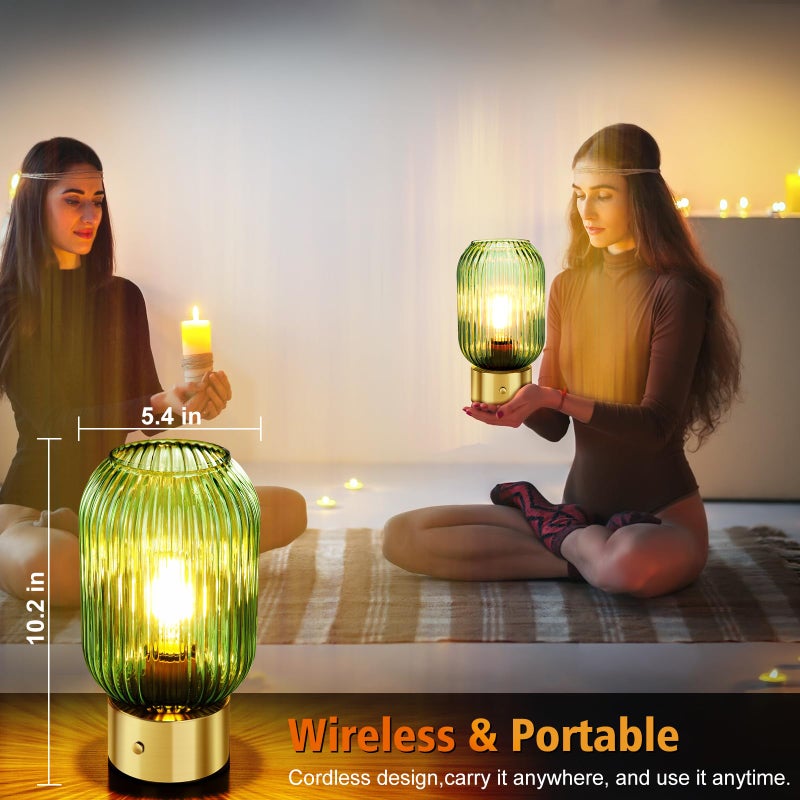LEDIKON Mid Century Modern Cordless Table Lamp,Green Glass Shade, Portable & Rechargeable, Touch Control 3-Way Dimmable Vintage Gold Table Lamp for Kitchen Counter,Living Room,Bedroom,Restaurant - Image 2