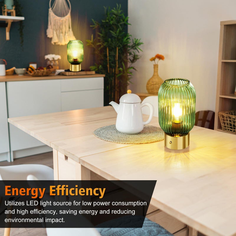 LEDIKON Mid Century Modern Cordless Table Lamp,Green Glass Shade, Portable & Rechargeable, Touch Control 3-Way Dimmable Vintage Gold Table Lamp for Kitchen Counter,Living Room,Bedroom,Restaurant - Image 5