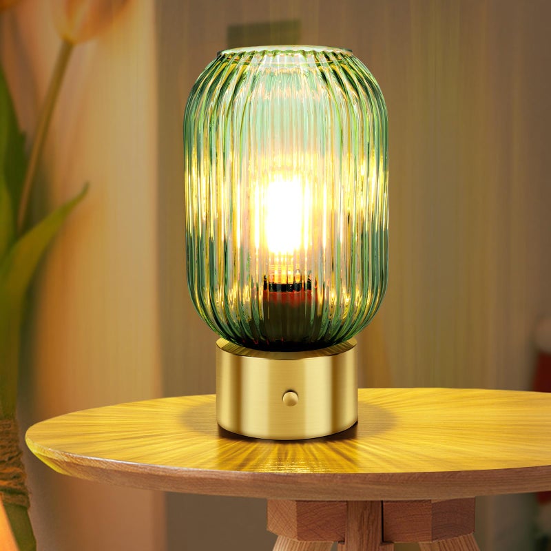 LEDIKON Mid Century Modern Cordless Table Lamp,Green Glass Shade, Portable & Rechargeable, Touch Control 3-Way Dimmable Vintage Gold Table Lamp for Kitchen Counter,Living Room,Bedroom,Restaurant - Image 1