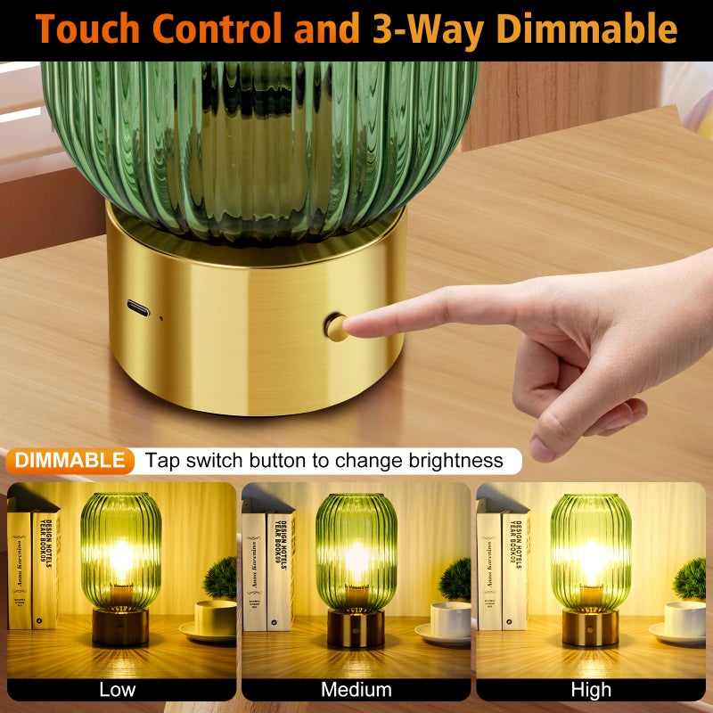 LEDIKON Mid Century Modern Cordless Table Lamp,Green Glass Shade, Portable & Rechargeable, Touch Control 3-Way Dimmable Vintage Gold Table Lamp for Kitchen Counter,Living Room,Bedroom,Restaurant - Image 4