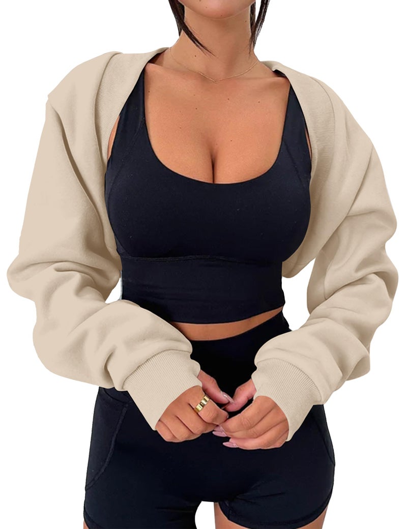 MISSACTIVER Women's Long Sleeve With Thumb Hole Bolero Shrug Top Open Front Fleece Loose Fit Cropped Shawl Sweatshirt Workout (Large, Apricot) - Image 1