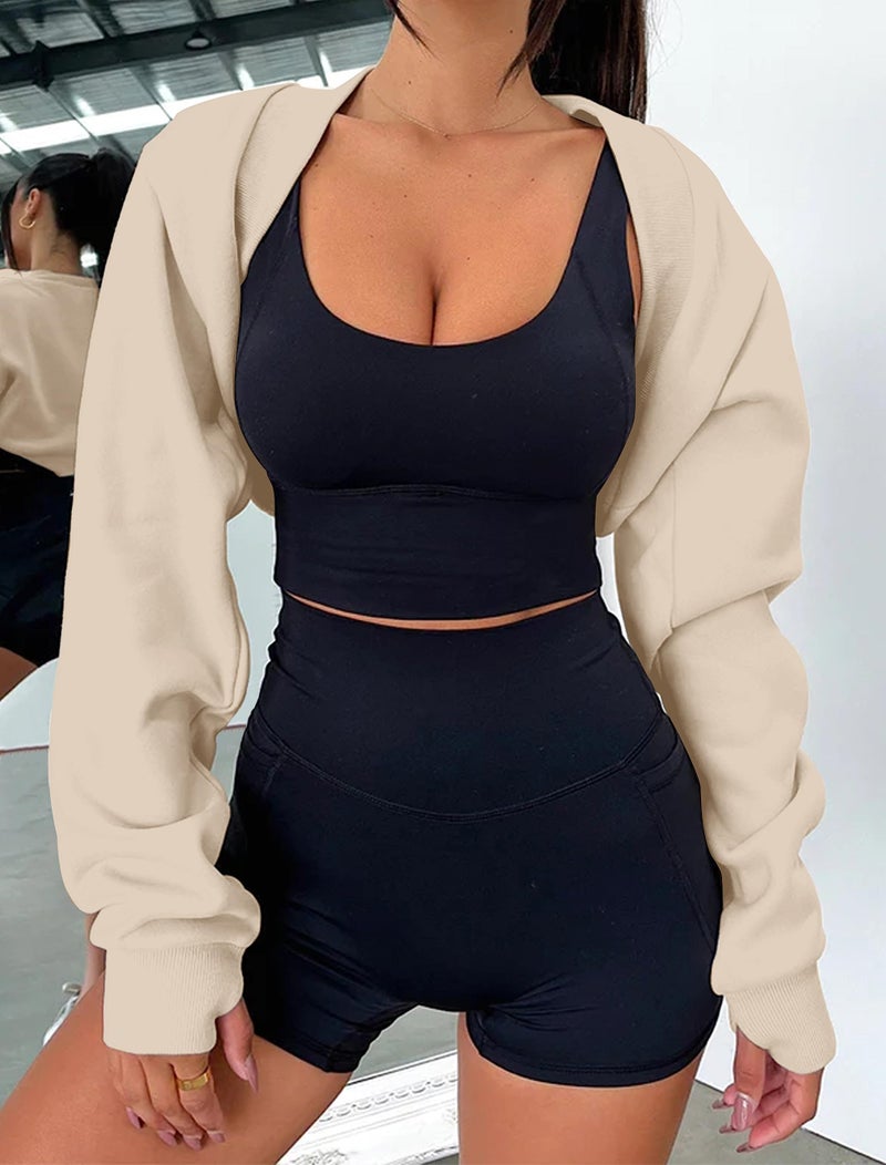 MISSACTIVER Women's Long Sleeve With Thumb Hole Bolero Shrug Top Open Front Fleece Loose Fit Cropped Shawl Sweatshirt Workout (Large, Apricot) - Image 3