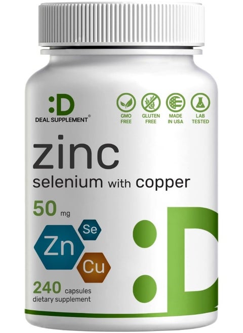 Zinc 50mg with Selenium 200mcg + Copper, 240 Capsules, 8 Month Supply, 3 in 1 Mineral Formula, Zinc Picolinate Complex Supplement, Supports Healthy Immune System for Adults and Kids