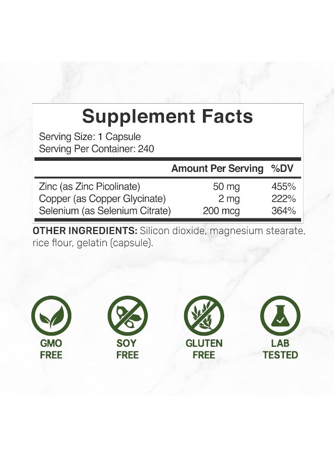 DEAL SUPPLEMENT - Zinc 50mg with Selenium 200mcg + Copper, 240 Capsules, 8 Month Supply, 3 in 1 Mineral Formula, Zinc Picolinate Complex Supplement, Supports Healthy Immune System for Adults and Kids - Image 1
