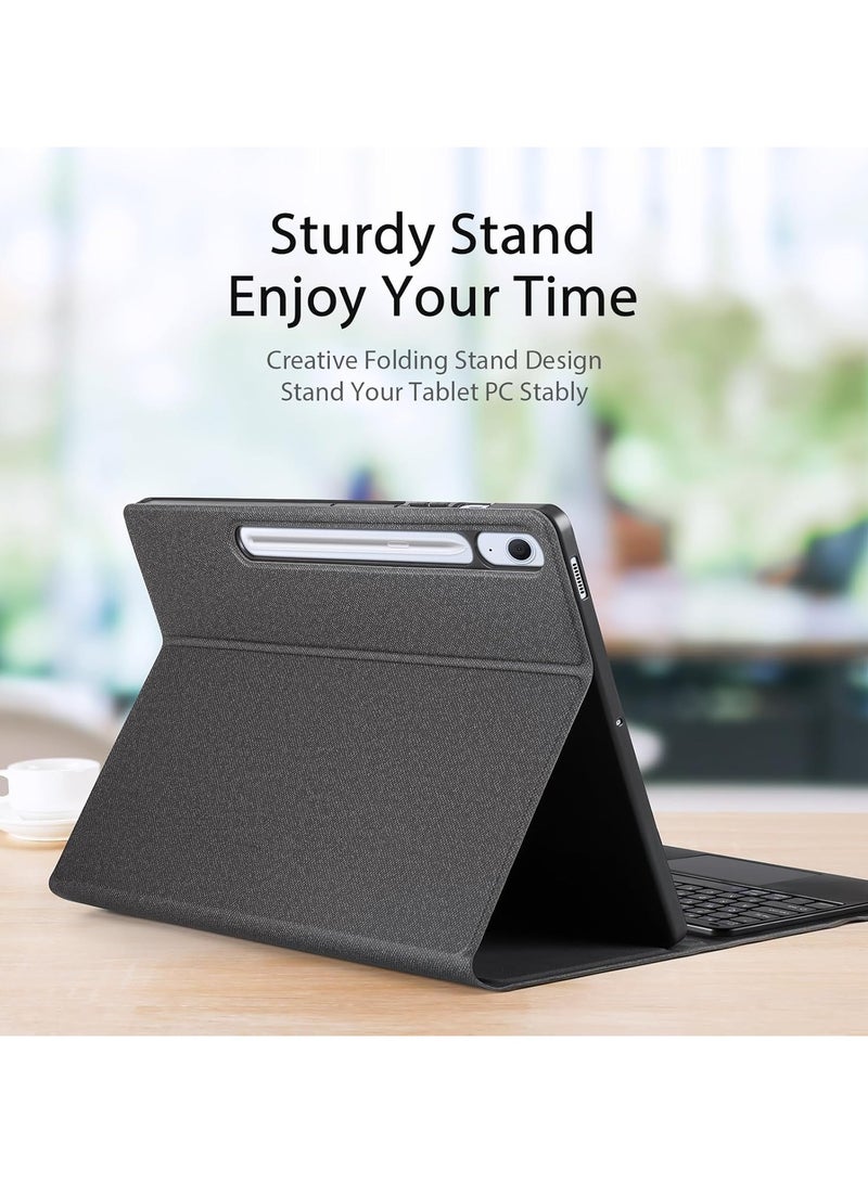 عام غلاف لوحة مفاتيح متوافق مع جهاز Samsung Galaxy Tab S10 FE Plus (Tab S10 FE+) ذو شاشة 13.1 بوصة من سنة 2025. هو غلاف لوحة مفاتيح تفاعلية تعمل باللمس وتتصل بالطبلت عن طريق بلوتوث، ويحتوي على حامل قلم للكتابة. - Image 4