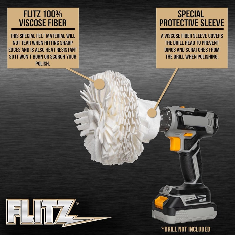 Flitz Buff Ball w/ 1.76oz Metal Polish Paste - 7in Drill Buffer Polisher Attachment for Any 3/8in Drill - Self-Cooling, Washable Polishing Ball to Buff, Shine, & Protect All Metals, Plastics (1 Pack) - Image 3