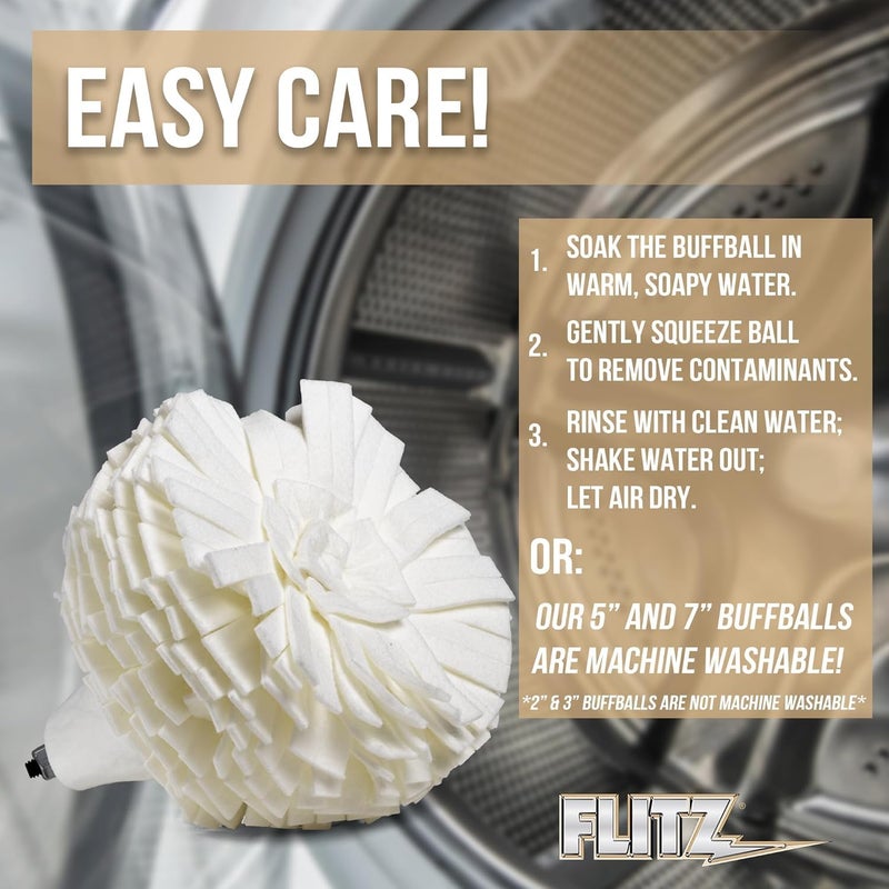 Flitz Buff Ball w/ 1.76oz Metal Polish Paste - 7in Drill Buffer Polisher Attachment for Any 3/8in Drill - Self-Cooling, Washable Polishing Ball to Buff, Shine, & Protect All Metals, Plastics (1 Pack) - Image 4