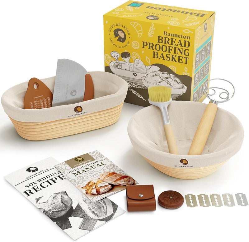 Superbaking Sourdough Proofing Basket Gift Set, Round 9" & Oval 10" Banneton, Sourdough Starter Kit, Sourdough Banneton Basket, Banneton Bread Proofing Basket Set of 2, Sourdough Bread Baking Supplies - Image 1