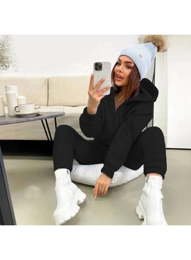 NIBEMINENT Fashion Solid Sports Suit Casual Zipper Hooded Sweatshirt Coat Elastic Waist Small Leg Pants Two Piece Set Autumn Lady - Image 1