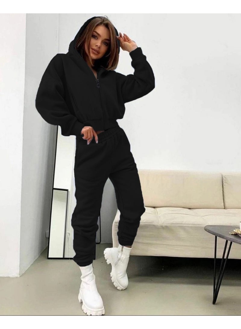 NIBEMINENT Fashion Solid Sports Suit Casual Zipper Hooded Sweatshirt Coat Elastic Waist Small Leg Pants Two Piece Set Autumn Lady - Image 3