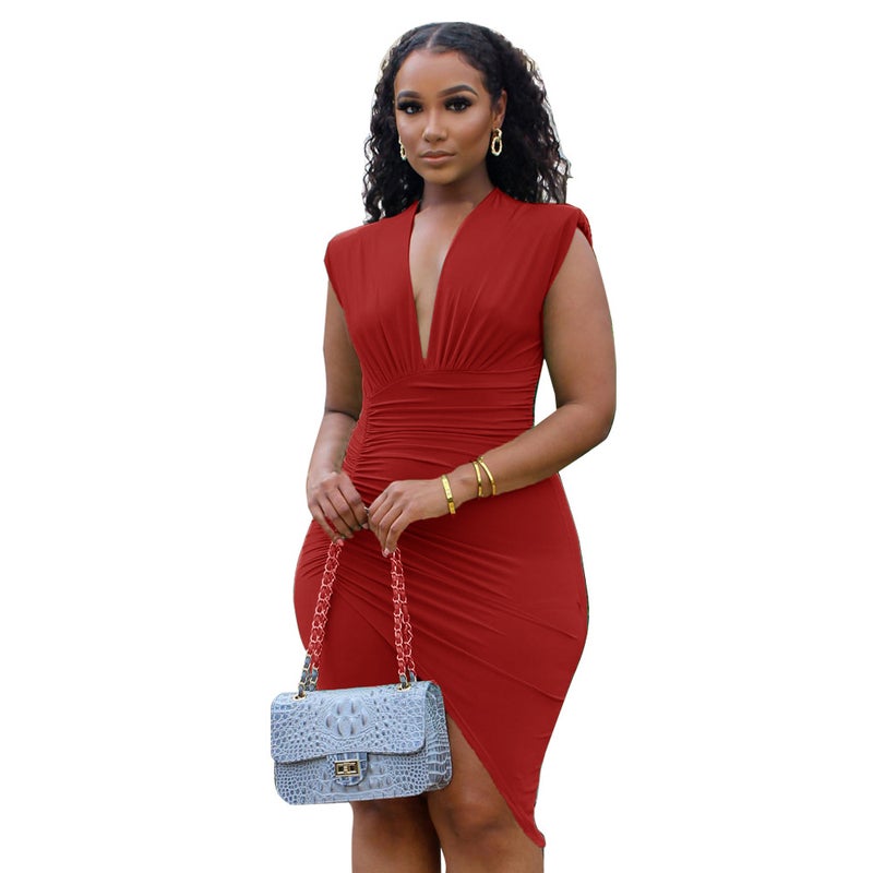 9793 Cross-border Europe and America Amazon V-neck Low-cut Pleated Temperament Sleeveless Pad Shoulder Commuting Irregular dress Red - Image 1