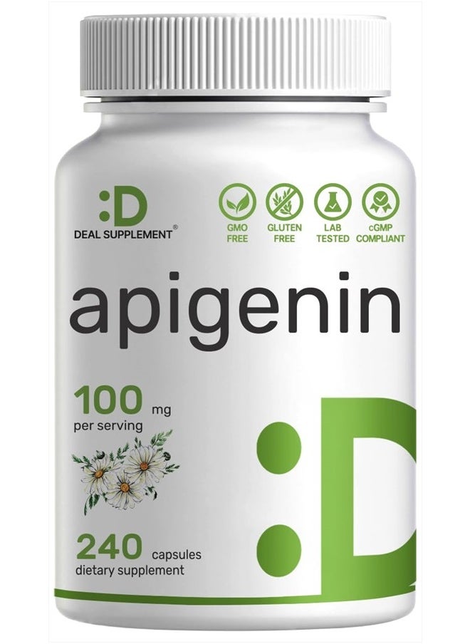 DEAL SUPPLEMENT Apigenin, 100mg Per Serving, 240 Capsules – Raw Plant Extract from Chamomile Flower – Active Bioflavonoids & Antioxidants – Sleep & Relaxation Supplement – Non-GMO  - Image 1