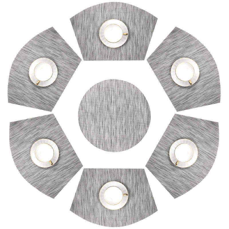 حصائر طاولة دائرية من شاكوس حصائر ويدج مع قطعة مركزية حصيرة دائرية من PVC حصائر طاولة منسوجة قابلة للغسل 7 فضي رمادي