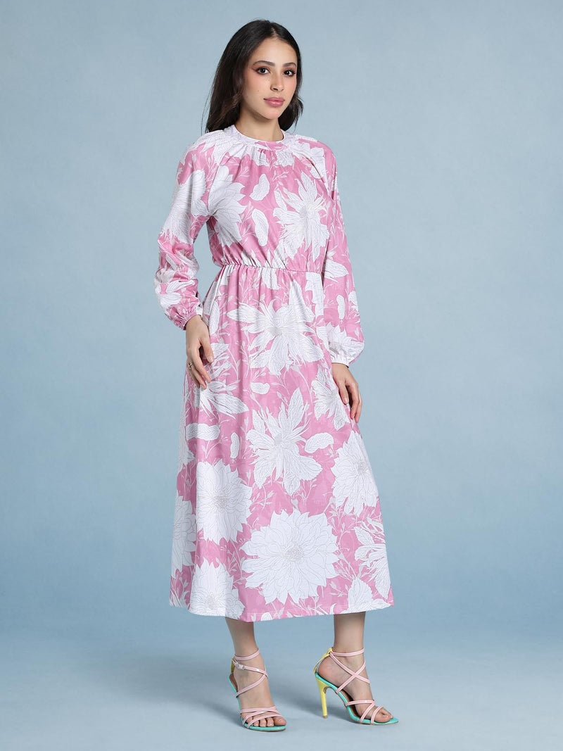 HELLCAT Women's Floral Printed Casual Midi Dress | Floral A-Line Midi Dress for Women_Pink_XX-Small - Image 4
