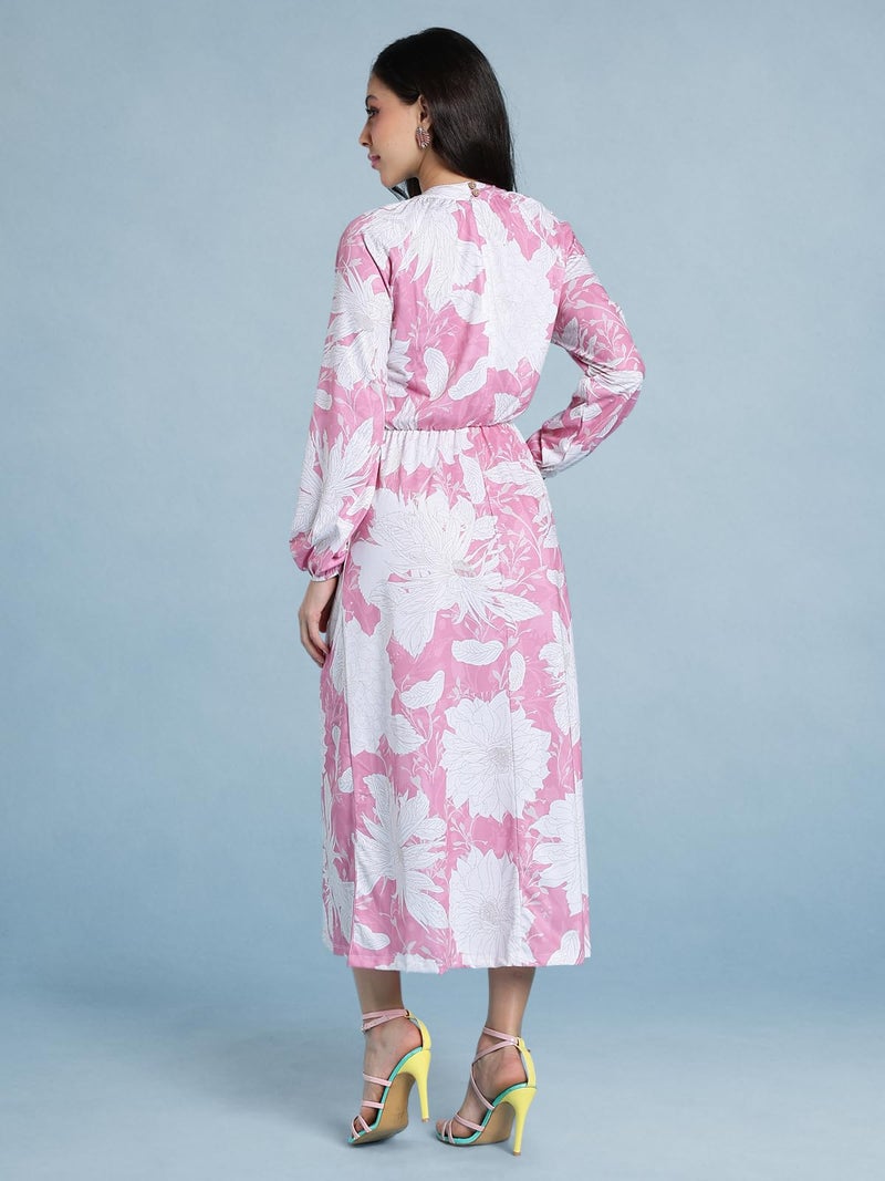 HELLCAT Women's Floral Printed Casual Midi Dress | Floral A-Line Midi Dress for Women_Pink_XX-Small - Image 3