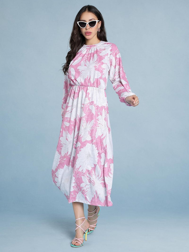 HELLCAT Women's Floral Printed Casual Midi Dress | Floral A-Line Midi Dress for Women_Pink_XX-Small - Image 5