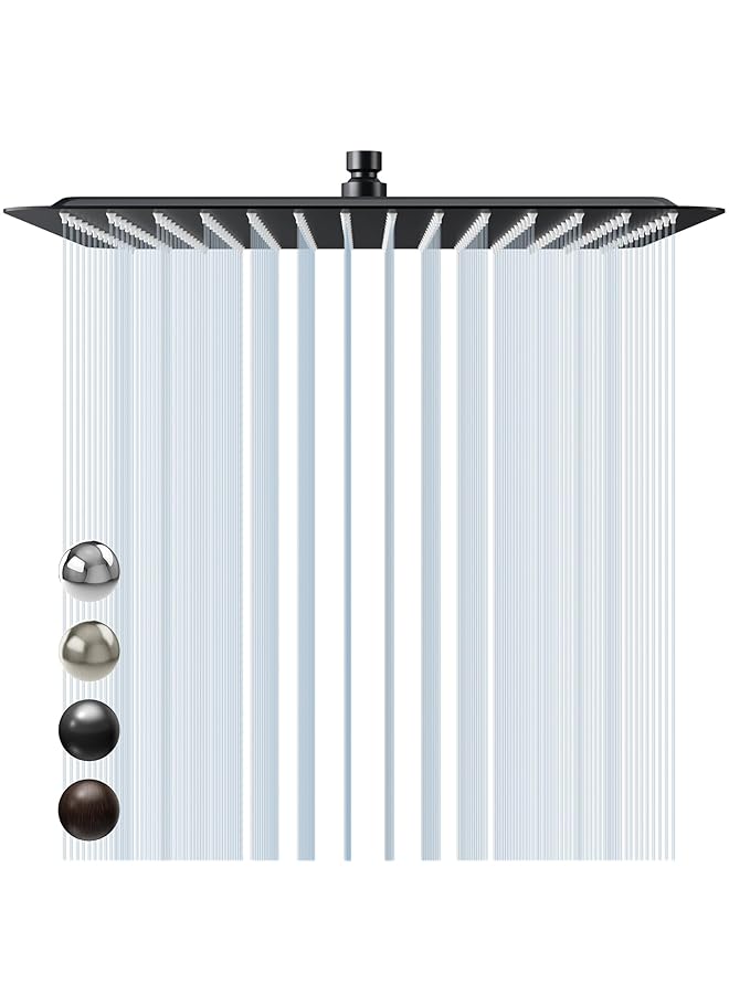 إيروريكس رأس دش مربع كبير جدًا من الفولاذ المقاوم للصدأ مقاس 16 بوصة فاخر، رأس دش مطري عالي الضغط، رفيع للغاية، موفر للمياه، أسود غير لامع، 2.5 جالون في الدقيقة - Image 1