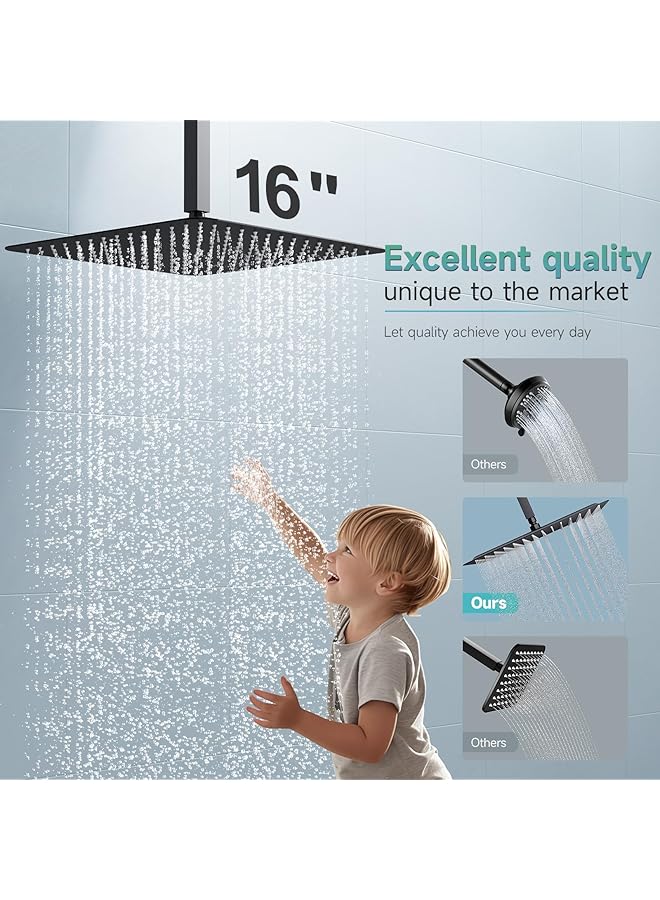 إيروريكس رأس دش مربع كبير جدًا من الفولاذ المقاوم للصدأ مقاس 16 بوصة فاخر، رأس دش مطري عالي الضغط، رفيع للغاية، موفر للمياه، أسود غير لامع، 2.5 جالون في الدقيقة - Image 2