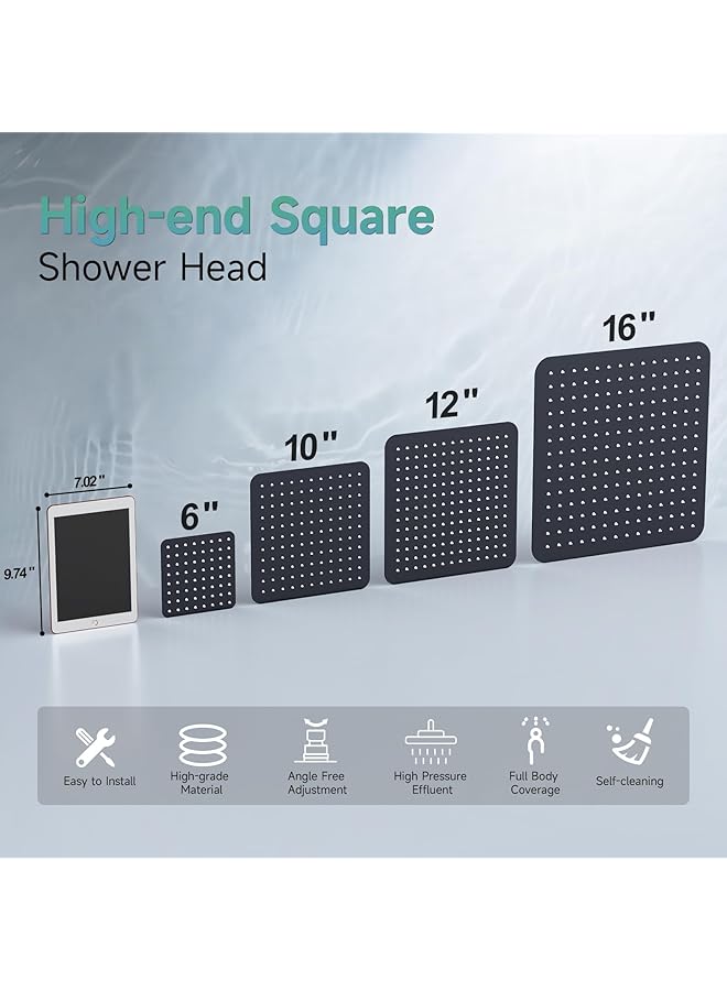 إيروريكس رأس دش مربع كبير جدًا من الفولاذ المقاوم للصدأ مقاس 16 بوصة فاخر، رأس دش مطري عالي الضغط، رفيع للغاية، موفر للمياه، أسود غير لامع، 2.5 جالون في الدقيقة - Image 3