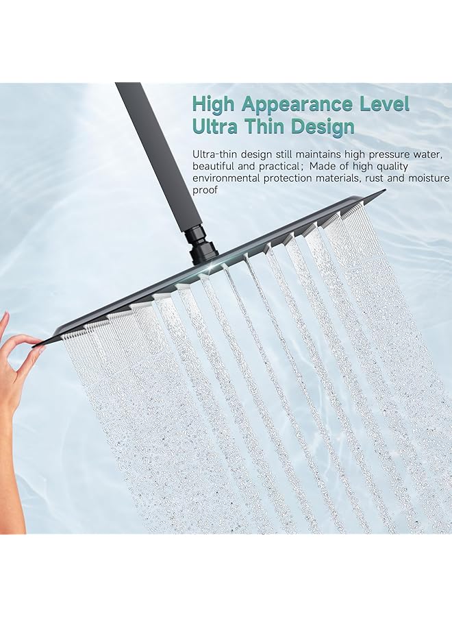 إيروريكس رأس دش مربع كبير جدًا من الفولاذ المقاوم للصدأ مقاس 16 بوصة فاخر، رأس دش مطري عالي الضغط، رفيع للغاية، موفر للمياه، أسود غير لامع، 2.5 جالون في الدقيقة - Image 5