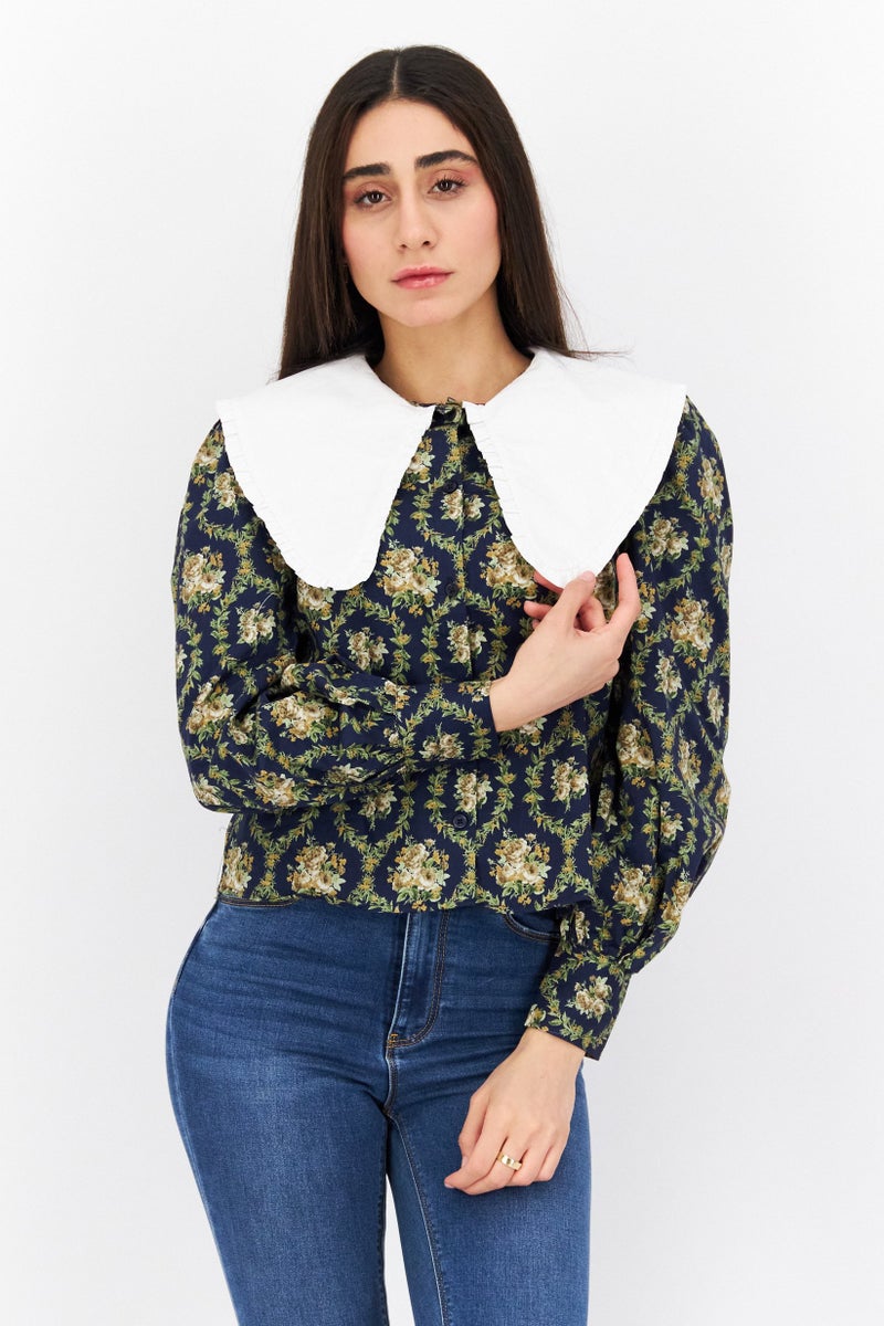 Weworewhat Women Peter Pan Collar Puffed Sleeve Floral Print Top, Navy Blue - Image 1