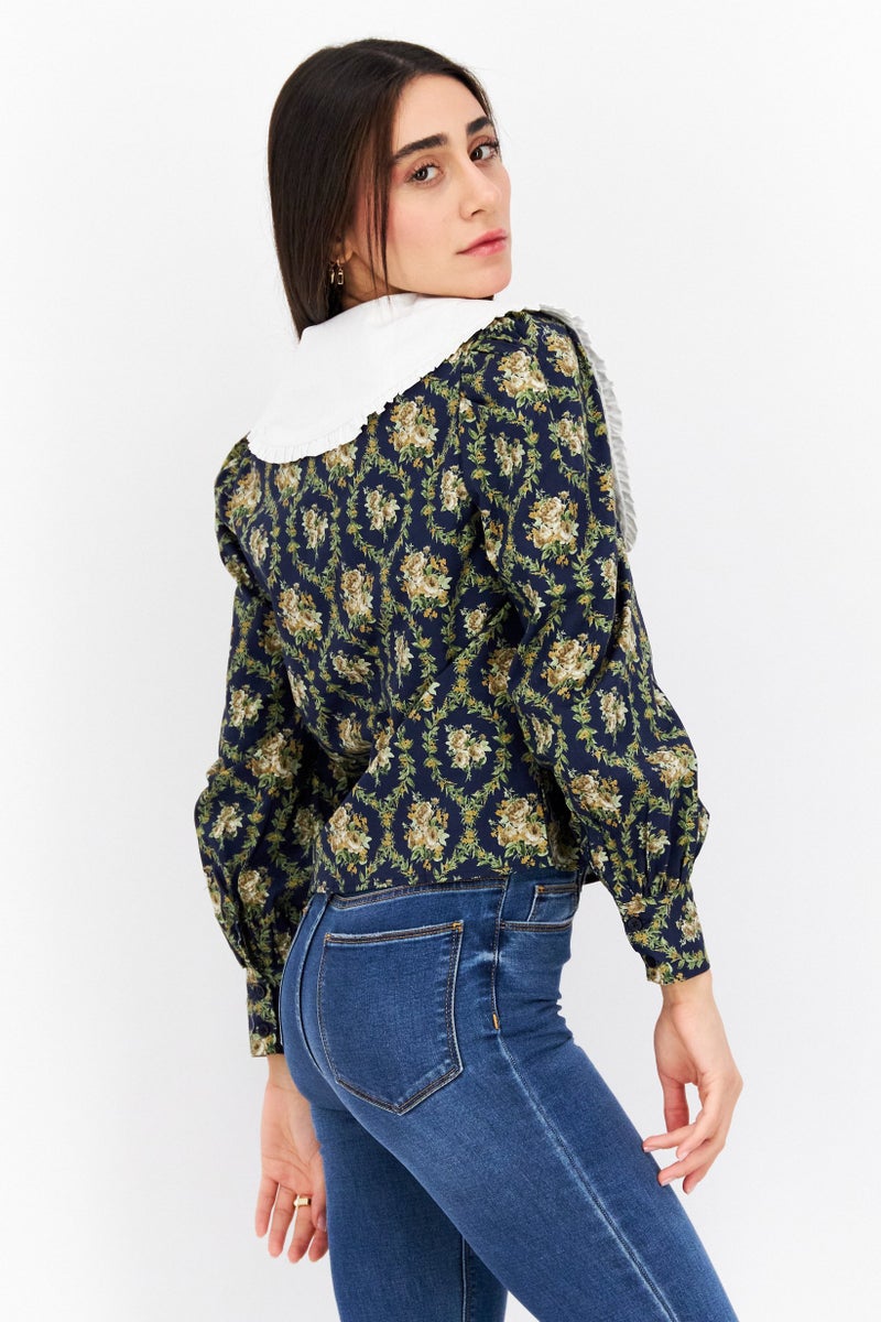 Weworewhat Women Peter Pan Collar Puffed Sleeve Floral Print Top, Navy Blue - Image 4