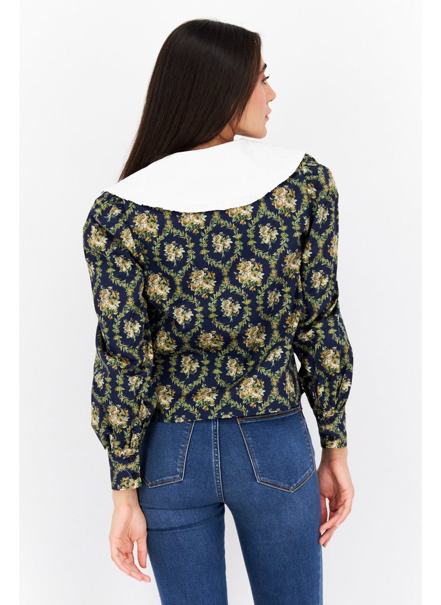 Women Peter Pan Collar Puffed Sleeve Floral Print Top, Navy Blue - pzsku/Z3AD34A059576EC1DCDCDZ/45/_/1724351038/e0016822-29c2-4183-b88d-2a4564d63660