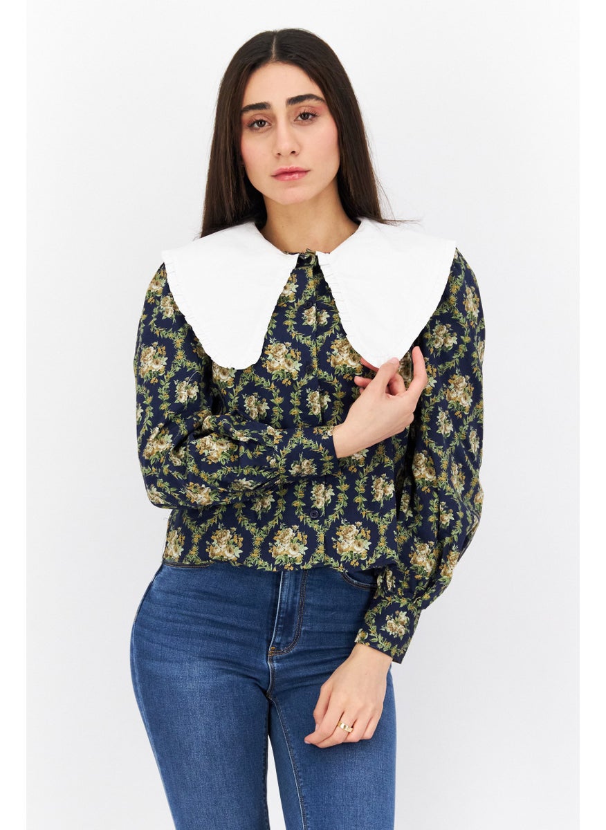 Women Peter Pan Collar Puffed Sleeve Floral Print Top, Navy Blue - pzsku/Z3AD34A059576EC1DCDCDZ/45/_/1724351051/a829d0bd-66ab-4e89-b3db-64810aba0d43