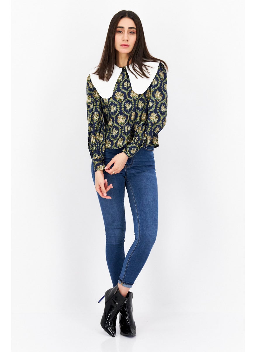 Women Peter Pan Collar Puffed Sleeve Floral Print Top, Navy Blue - pzsku/Z3AD34A059576EC1DCDCDZ/45/_/1728334088/7095f9d3-8f00-4e1e-b26a-463cb8f50f45