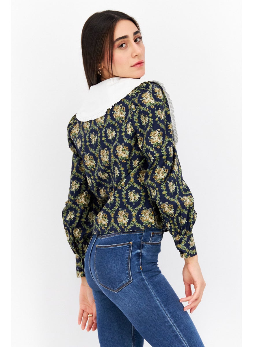 Women Peter Pan Collar Puffed Sleeve Floral Print Top, Navy Blue - pzsku/Z3AD34A059576EC1DCDCDZ/45/_/1728334095/84a8fcce-efdb-41c6-b9ff-92617931ca48