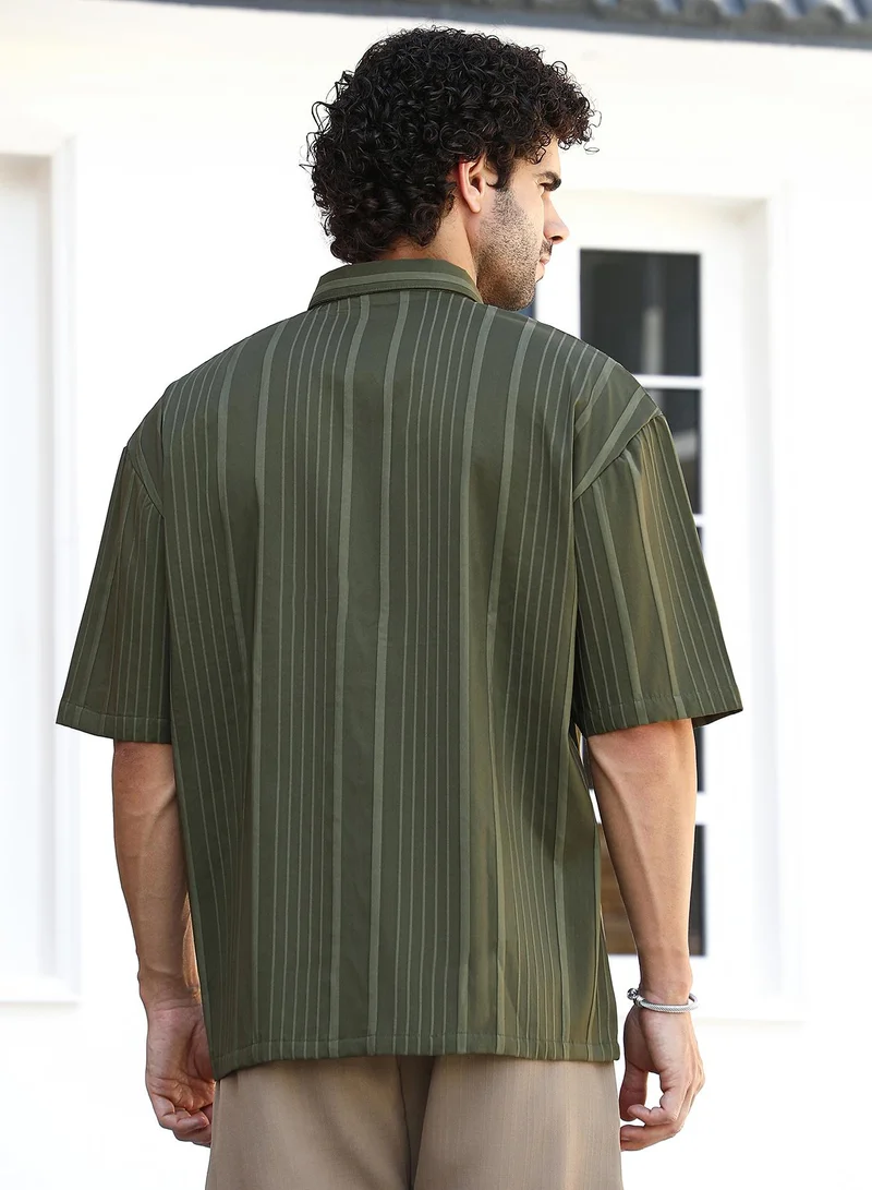 Campus Sutra Men's Army Green Unbalanced-Ridge Oversized Shirt