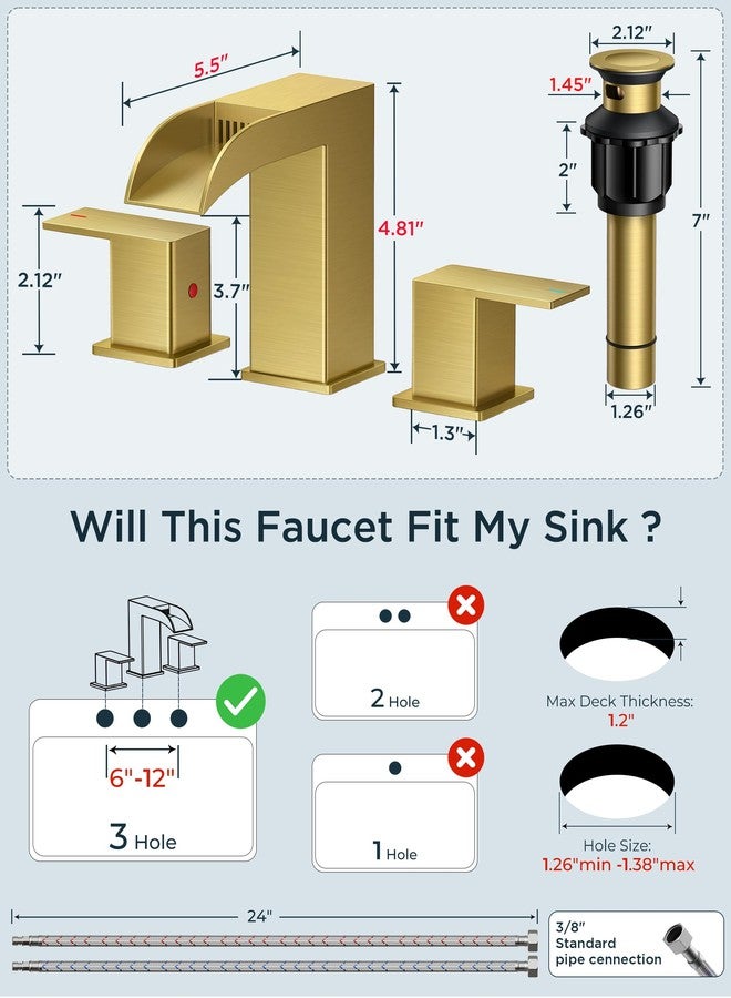 FORIOUS Square Black and Gold Bathroom Faucets 3 Hole, Waterfall 8 Inch Widespread Bathroom Sink Faucet with Metal Pop-up Drain and Supply Lines, Two Handles for Vanity, Laundry Room, Basin - Image 3