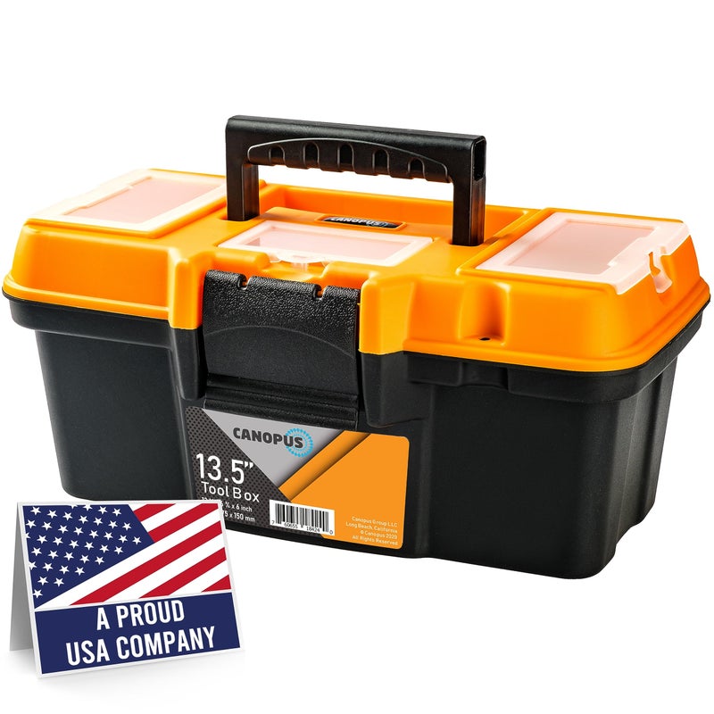 CANOPUS 13.5-Inch Portable Plastic Toolbox â€“ Durable Tool Organizer with Removable Tray, Lid Compartments for Screws, Nails, and Pins â€“ Compact, Lightweight, Black-Orange - Image 1