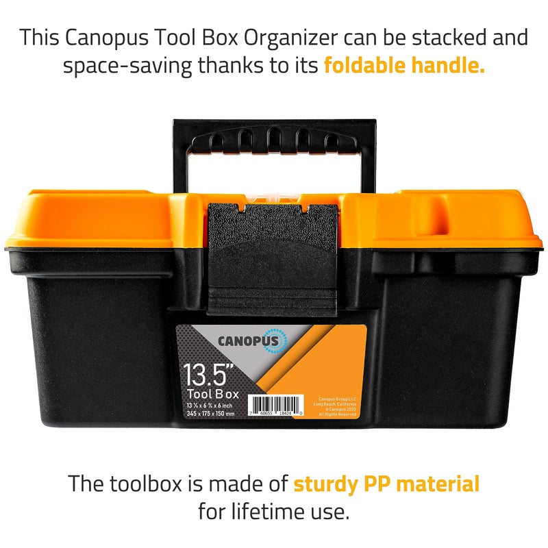 CANOPUS 13.5-Inch Portable Plastic Toolbox â€“ Durable Tool Organizer with Removable Tray, Lid Compartments for Screws, Nails, and Pins â€“ Compact, Lightweight, Black-Orange - Image 4