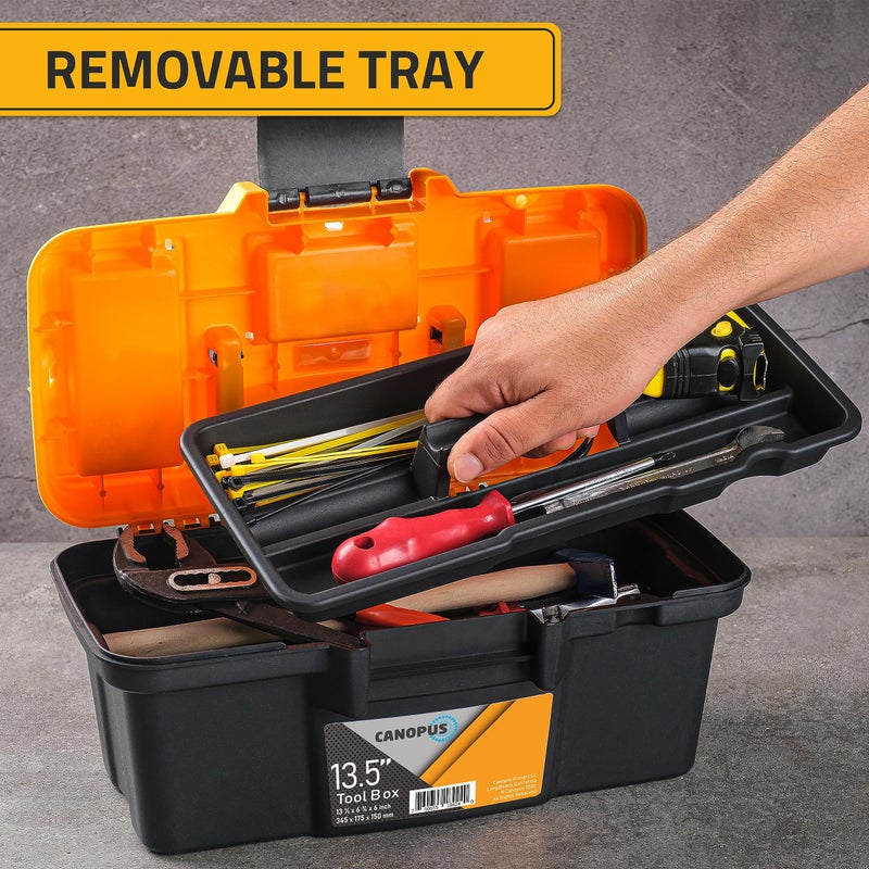 CANOPUS 13.5-Inch Portable Plastic Toolbox â€“ Durable Tool Organizer with Removable Tray, Lid Compartments for Screws, Nails, and Pins â€“ Compact, Lightweight, Black-Orange - Image 2