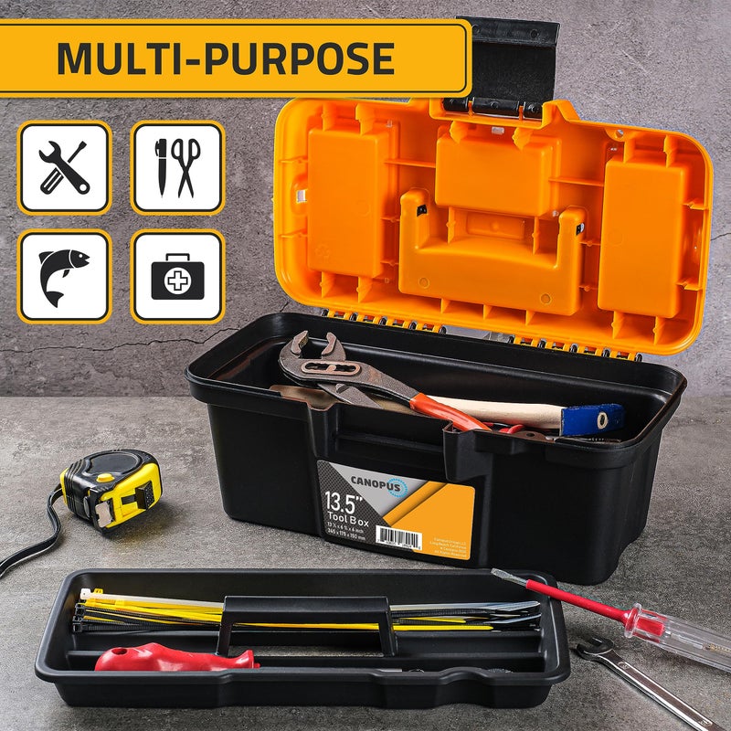CANOPUS 13.5-Inch Portable Plastic Toolbox â€“ Durable Tool Organizer with Removable Tray, Lid Compartments for Screws, Nails, and Pins â€“ Compact, Lightweight, Black-Orange - Image 3