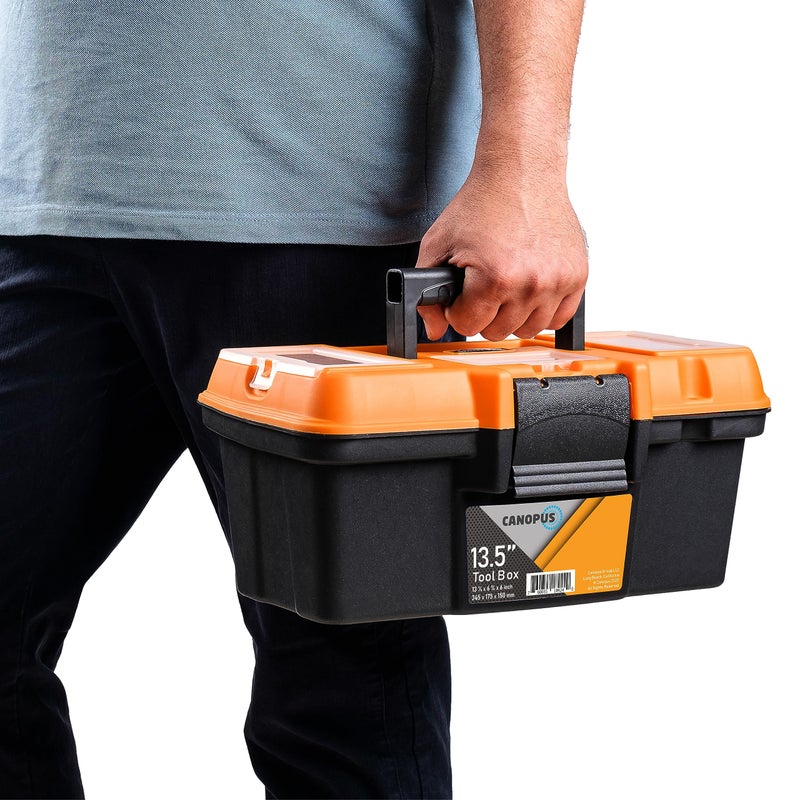 CANOPUS 13.5-Inch Portable Plastic Toolbox â€“ Durable Tool Organizer with Removable Tray, Lid Compartments for Screws, Nails, and Pins â€“ Compact, Lightweight, Black-Orange - Image 5