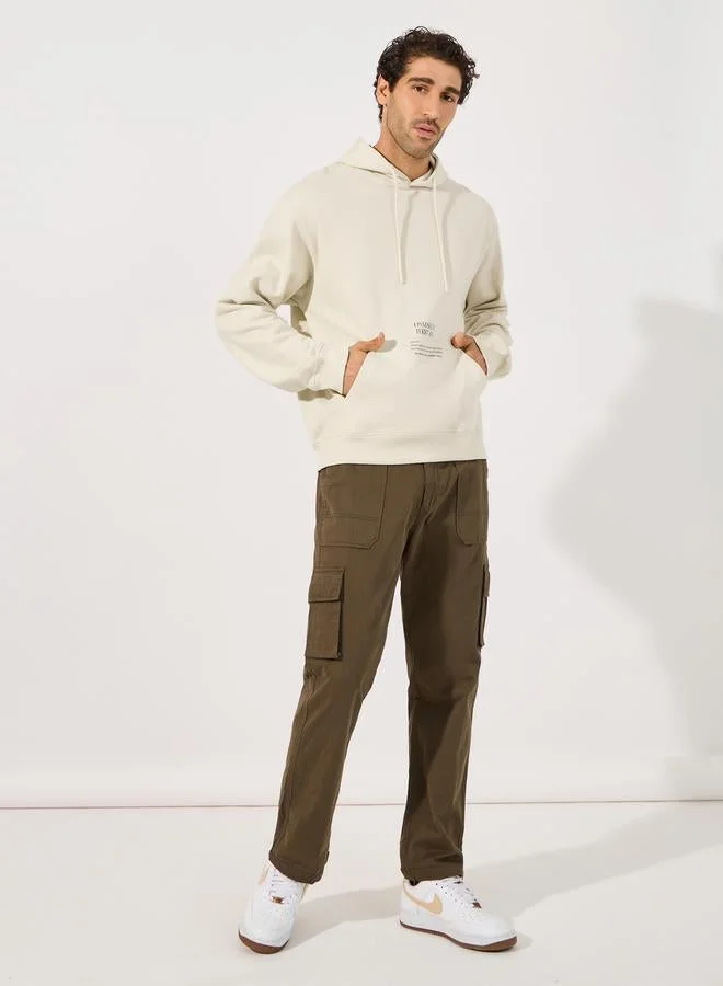 Styli Minimal Statement Print Front Pocket Relaxed Fit Hoodie