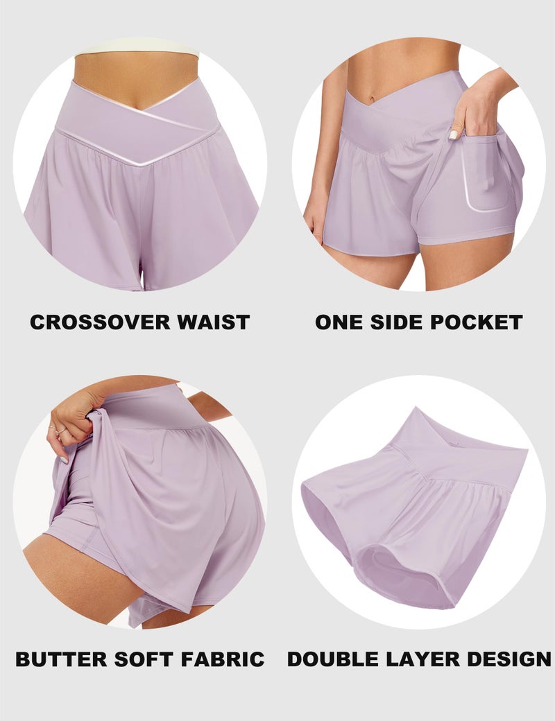 FireSwan Crossover Athletic Shorts for Women 2 in 1 Flowy Running Shorts with Pockets Spandex Butterfly Workout Tennis Skorts Purple - Image 4