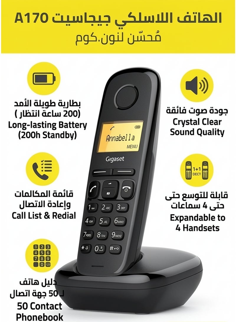 Gigaset A170 Cordless Landline Phone with DECT Technology, 200h Standby, 50 Contact Phonebook – Black made in Germany - Image 2