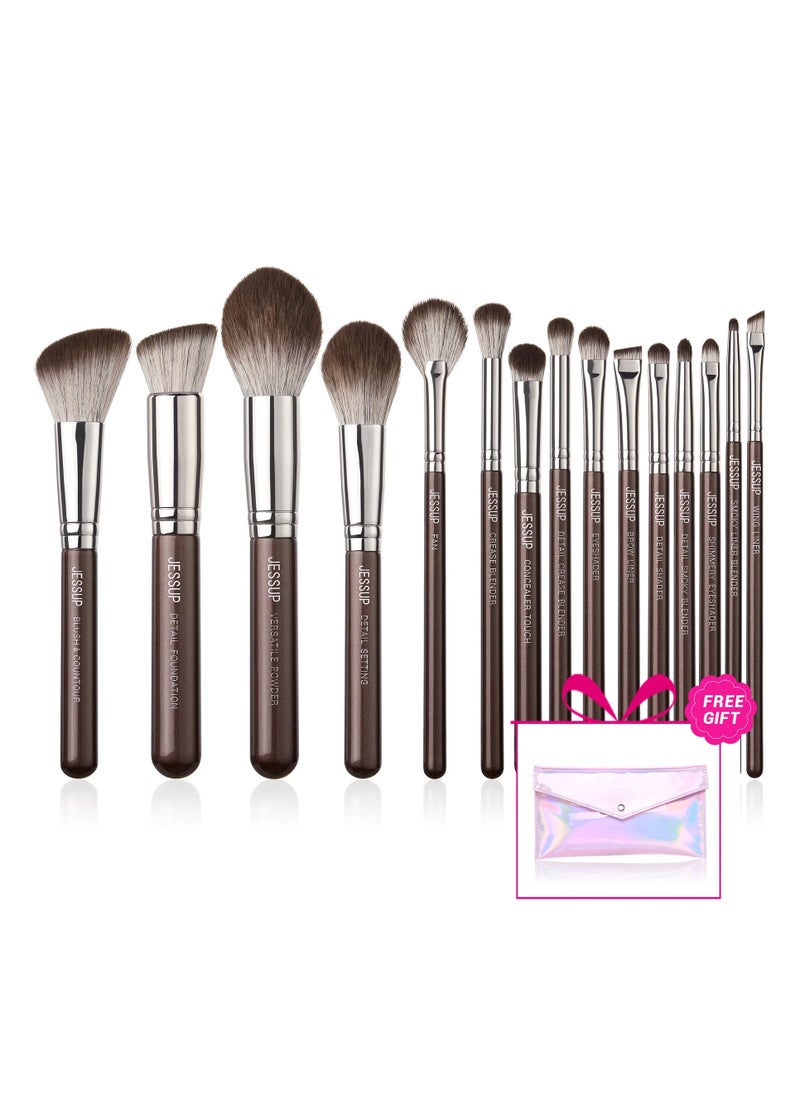 Jessup Jessup Makeup Brushes Set 15pcs Brown Make up Brushes Set Professional Premium Synthetic Foundation Eyebrow Concealer Blush Eyeshadow Contour Eyeliner Powder Blending Highlighter Brush T498  - Image 1