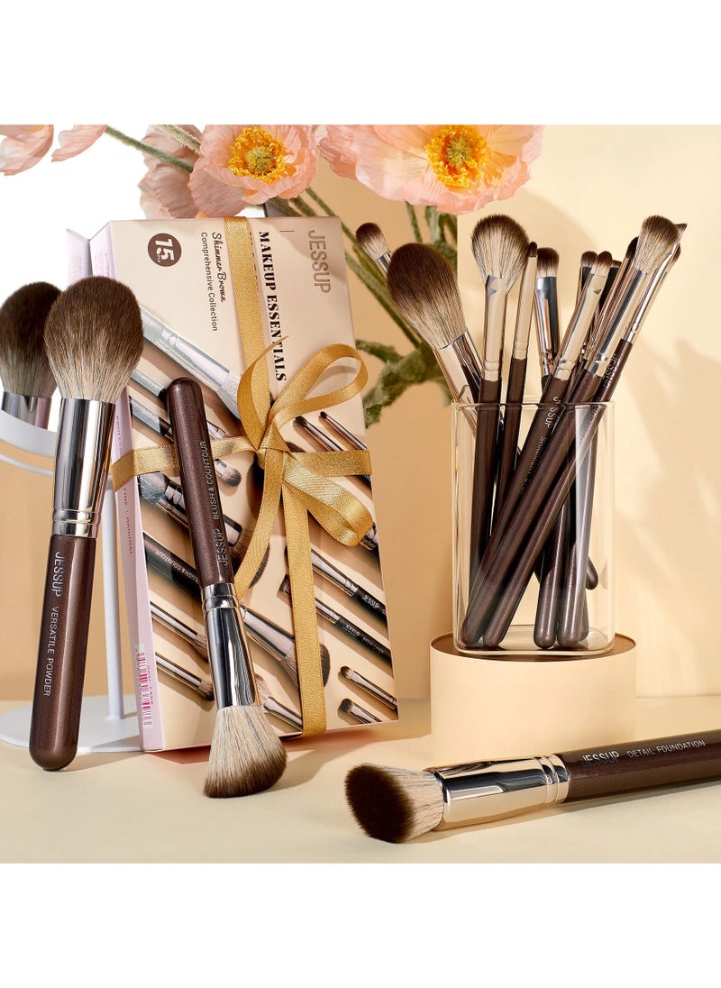 Jessup Jessup Makeup Brushes Set 15pcs Brown Make up Brushes Set Professional Premium Synthetic Foundation Eyebrow Concealer Blush Eyeshadow Contour Eyeliner Powder Blending Highlighter Brush T498  - Image 5