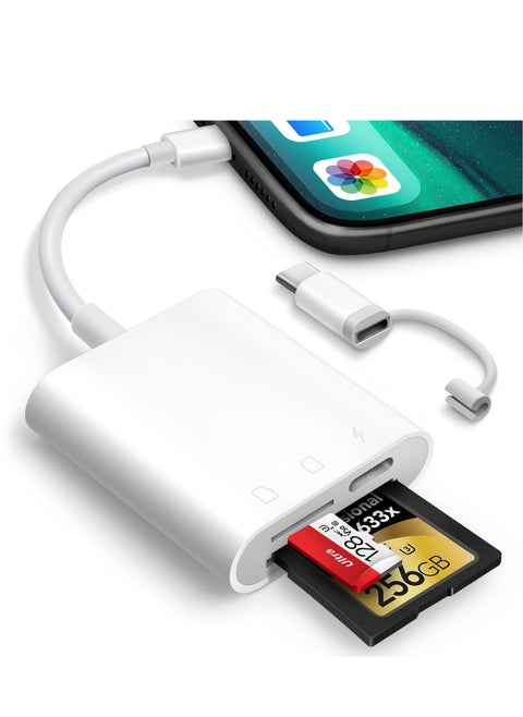 SD Card Reader for iPhone iPad,  Digital Trail Camera SD Card Viewer with Dual Slot for MicroSD/SD, Lightening&USBC Dual-Connector Memory Card Adapter for Photography, Plug and Play