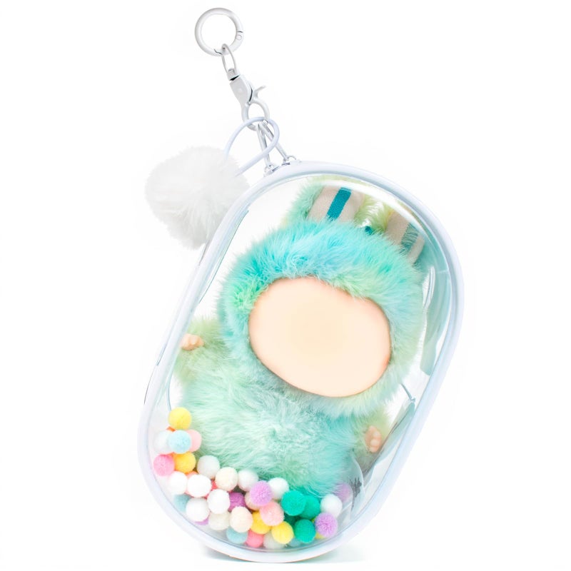 LETGO Clear Figure Display Bag with Keychain for Doll, Protective Case for Dolls Storage Bag, Pouch Keychain for Collectibles with Pompoms Waterproof Dustproof Pouch Display Storage Box for Doll (White) - Image 1