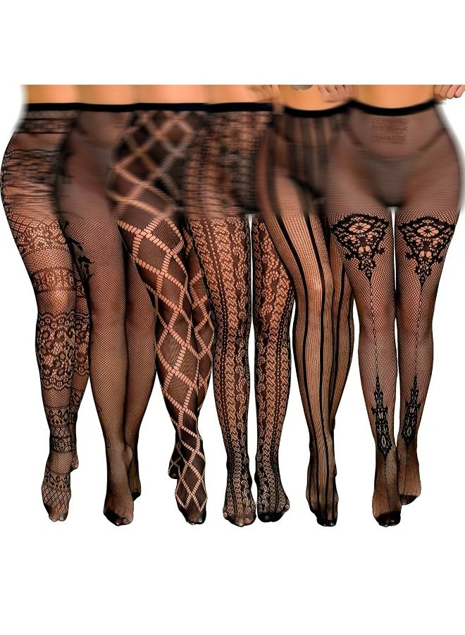 6 Pack Jacquard Lace Fishnet Stockings, Maturity,Charming,Attractiveness See-Through Slim Pantyhose for Women, See-Through Slim Pantyhose for WomenIdeal for Dating, Photoshoot, Bar Clubbing & Show Performance - Image 1